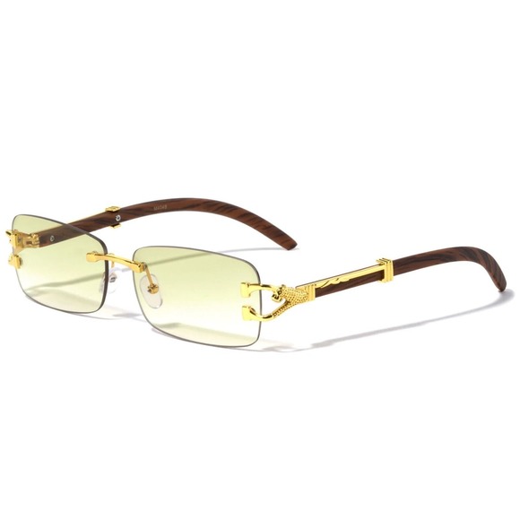 Rimless Sunglasses Gold Frame Brown Arms Rectangle Lens Fashion Green Lens Buffs - Picture 2 of 6